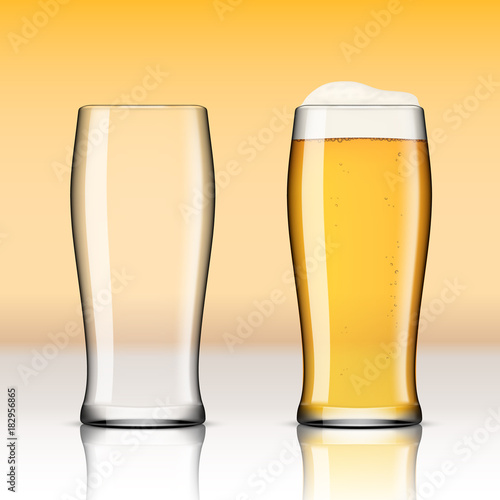 Realistic Transparent Beer Glasses. Empty And Full One