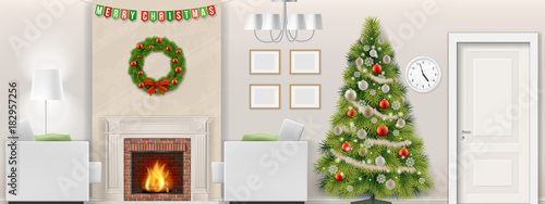 Modern living room interior with christmas tree, furniture and fireplace. Vector illustration.