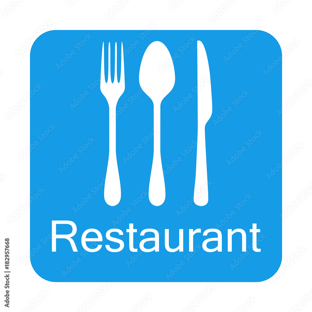 Fototapeta premium Icono plano RESTAURANT y cubiertos en cuadrado azul