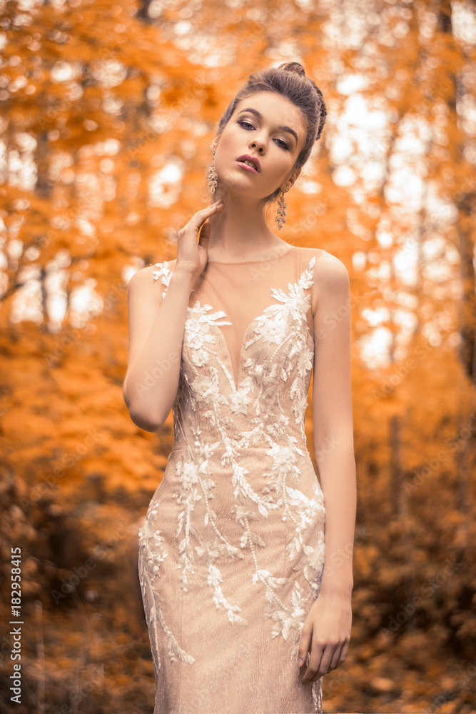 beautiful sensual young brunette bride in long white wedding dress and veil standing in forest beautiful sensual young brunette bride in long white wedding dress and veil standing in forest