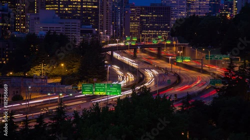 Time Lapse Close Up shot of Freeway Traffic at Twilight in Seattle, Washington, USA. Highway 5 traffic in long exposure.
