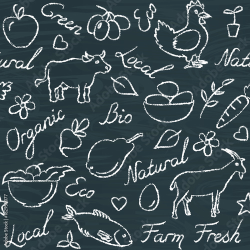 Seamless pattern with eco food symbols on chalkboard