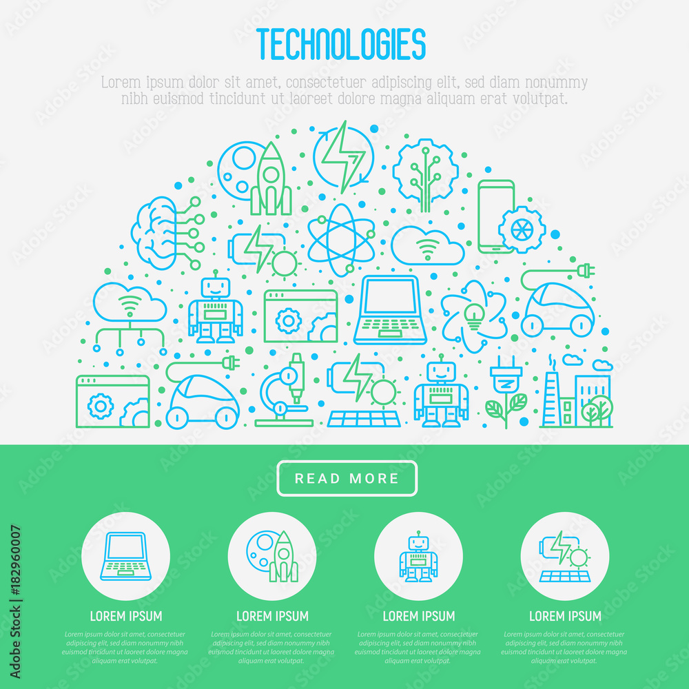 Technologies concept in half circle with thin line icons of: electric car, rocket, robotics, solar battery, machine intelligence, web development. Vector illustration for web page, print media.