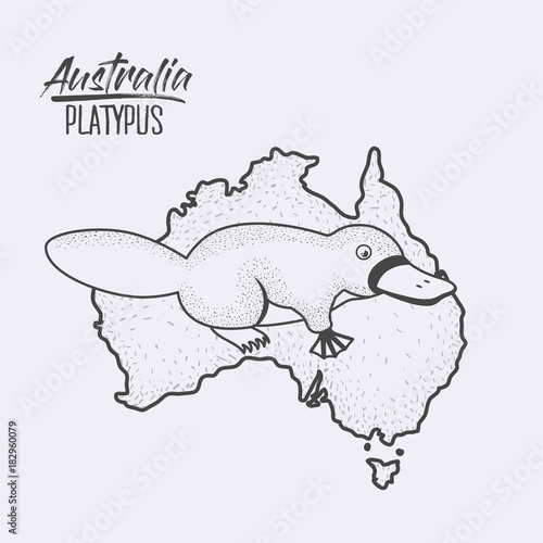 australia platypus poster map in monochrome silhouette vector illustration