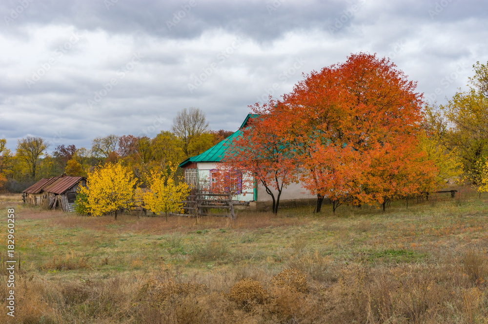 Typical autumnal landscape with small farmstead in Dem'yanivka village, Poltavskaya oblast, Ukraine Typical autumnal landscape with small farmstead in Dem'yanivka village, Poltavskaya oblast, Ukraine