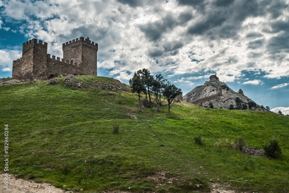 Dramatic landscape with an ancient Genoese fortress in Sudak, Crimean peninsula
