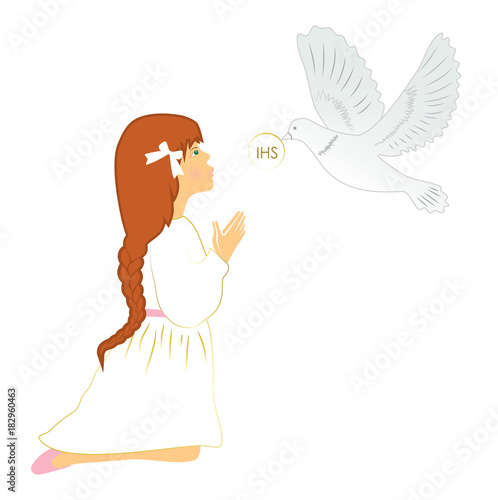 Long red hair girl praying on her first holy communion day.