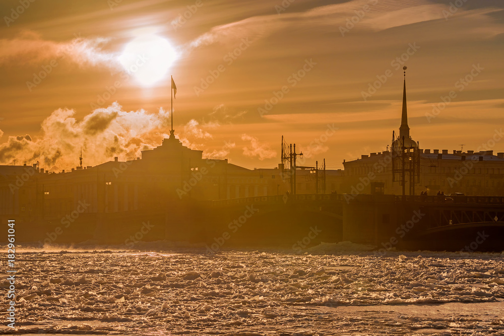 Palace Bridge at sunset in winter in St. Petersburg, Russia