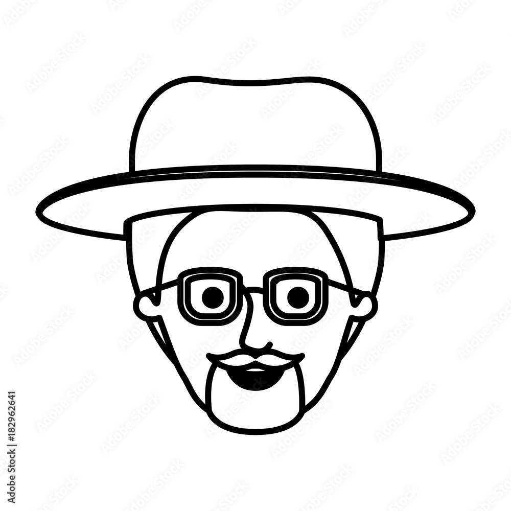 male face with hat and glasses and short hair and goatee beard in monochrome silhouette vector illustration male face with hat and glasses and short hair and goatee beard in monochrome silhouette vector illustration