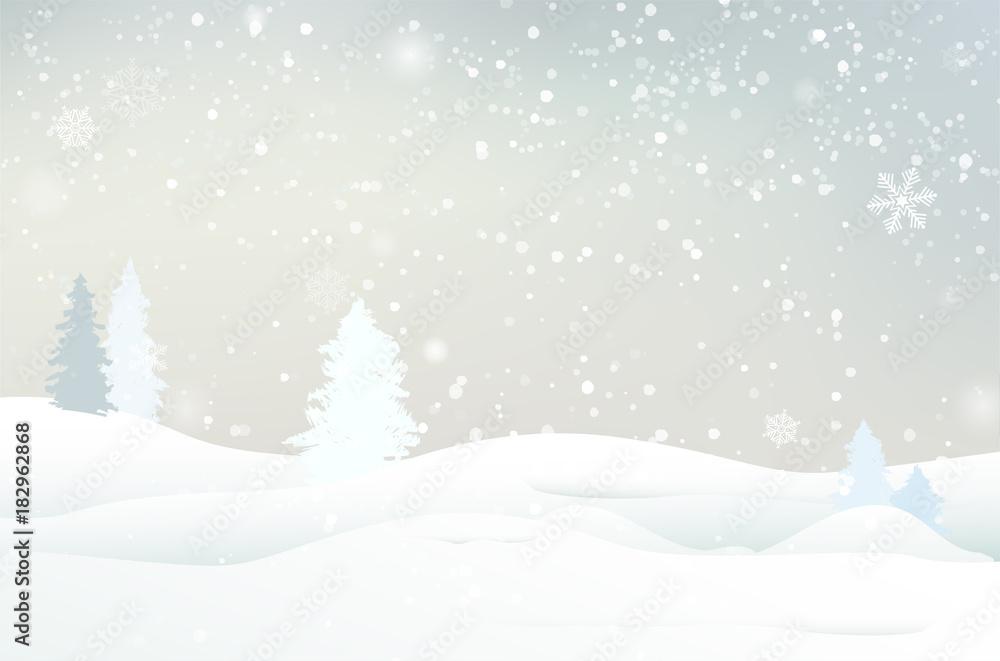 Fototapeta premium Abstract winter landscape with snow, trees and snowflakes