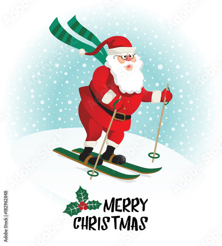 Santa Claus gives gifts on skiing. Vector illustration.