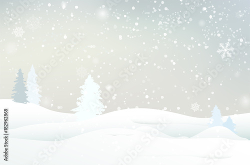 Abstract winter landscape with snow, trees and snowflakes