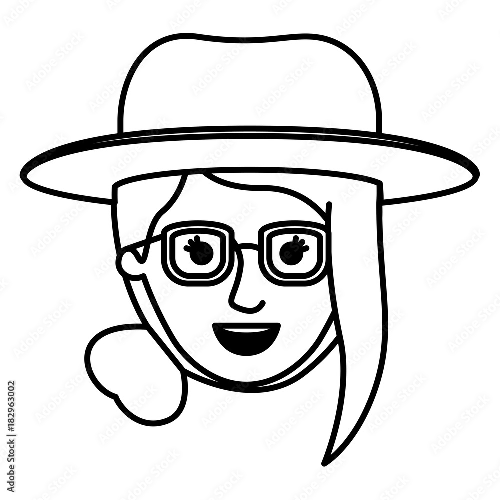 female face with hat and glasses with collected hair and fringe in monochrome silhouette vector illustration female face with hat and glasses with collected hair and fringe in monochrome silhouette vector illustration
