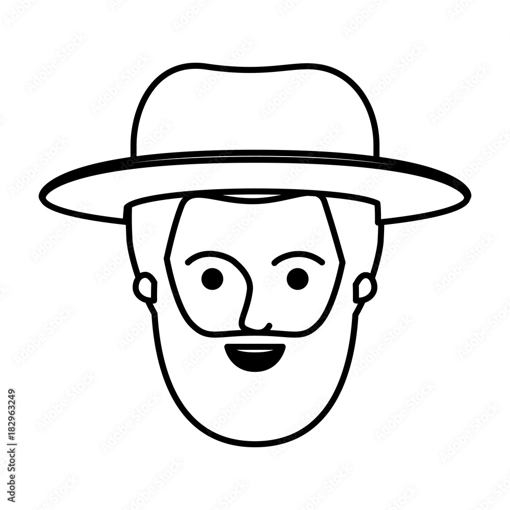 male face with hat and short hair and bearded in monochrome silhouette vector illustration