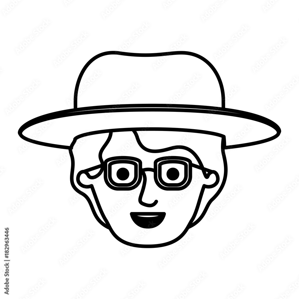 male face with hat and glasses and short wavy hair in monochrome silhouette vector illustration