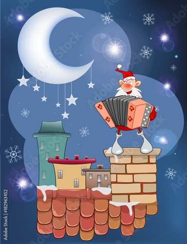  Illustration of the Cute Santa Claus a Accordion Player on the Roof