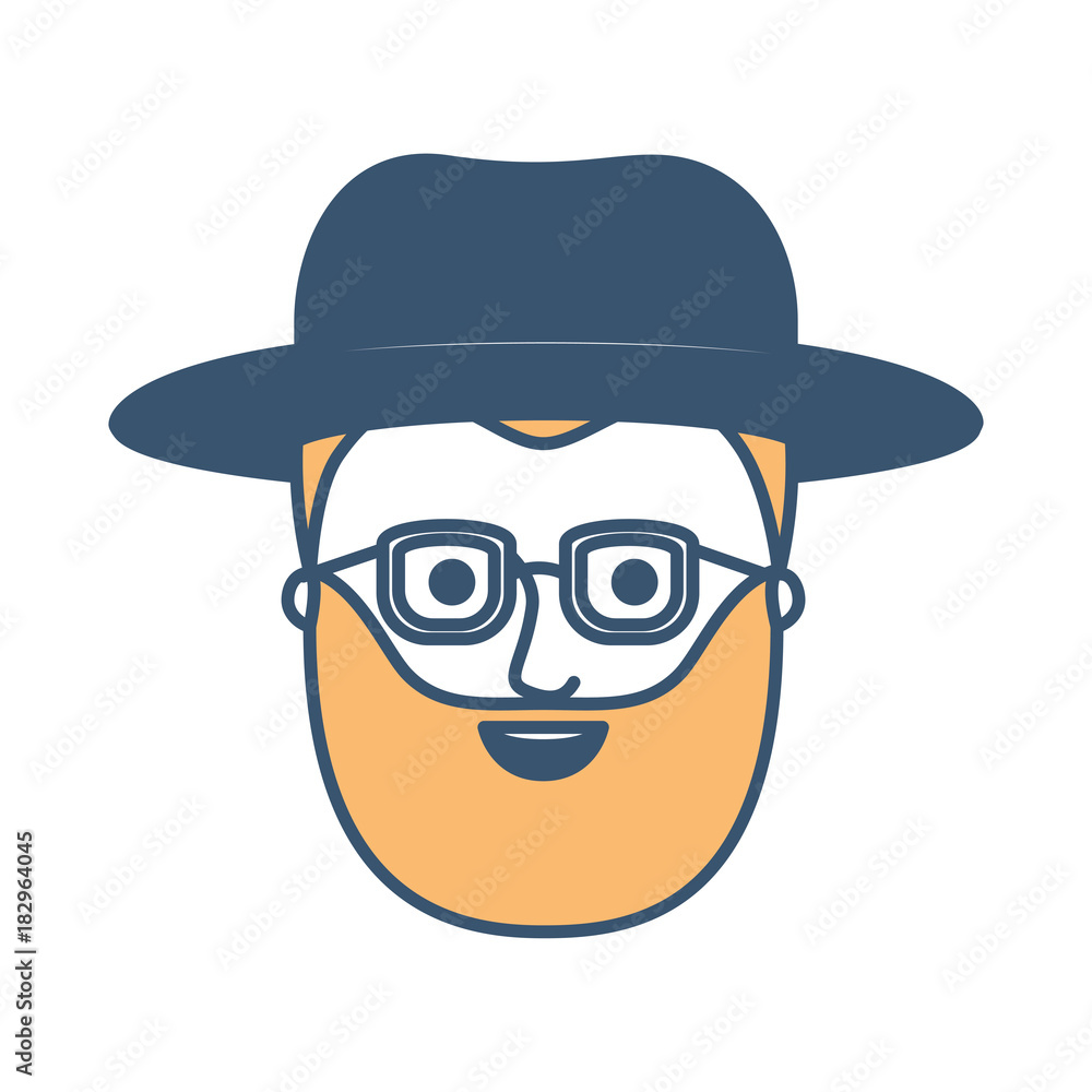 male face with hat and glasses and short hair and full beard in color sections silhouette vector illustration