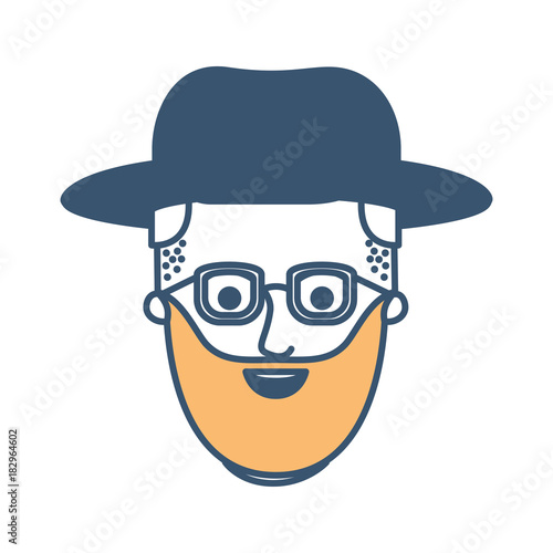 male face with hat and glasses and beard and side parted hairstyle in color sections silhouette vector illustration