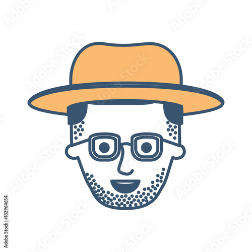 male face with hat and glasses and stubble beard and side parted hairstyle in color sections silhouette vector illustration