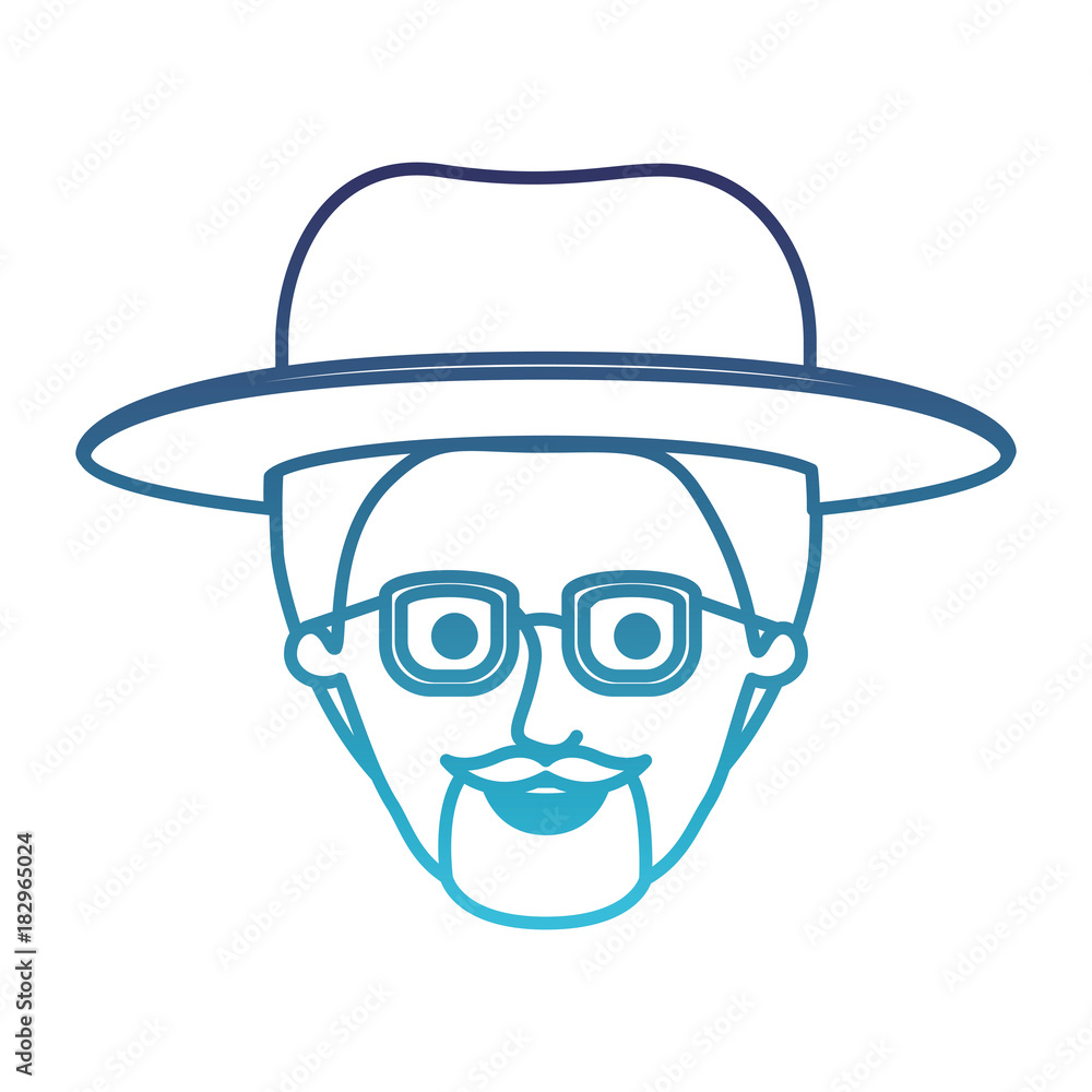 male face with hat and glasses and short hair and goatee beard in degraded blue silhouette vector illustration