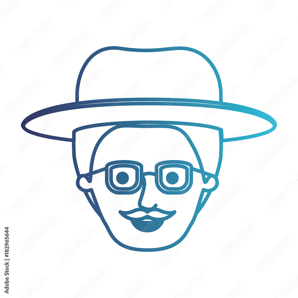 male face with hat and glasses with short hair and moustache in degraded blue silhouette vector illustration