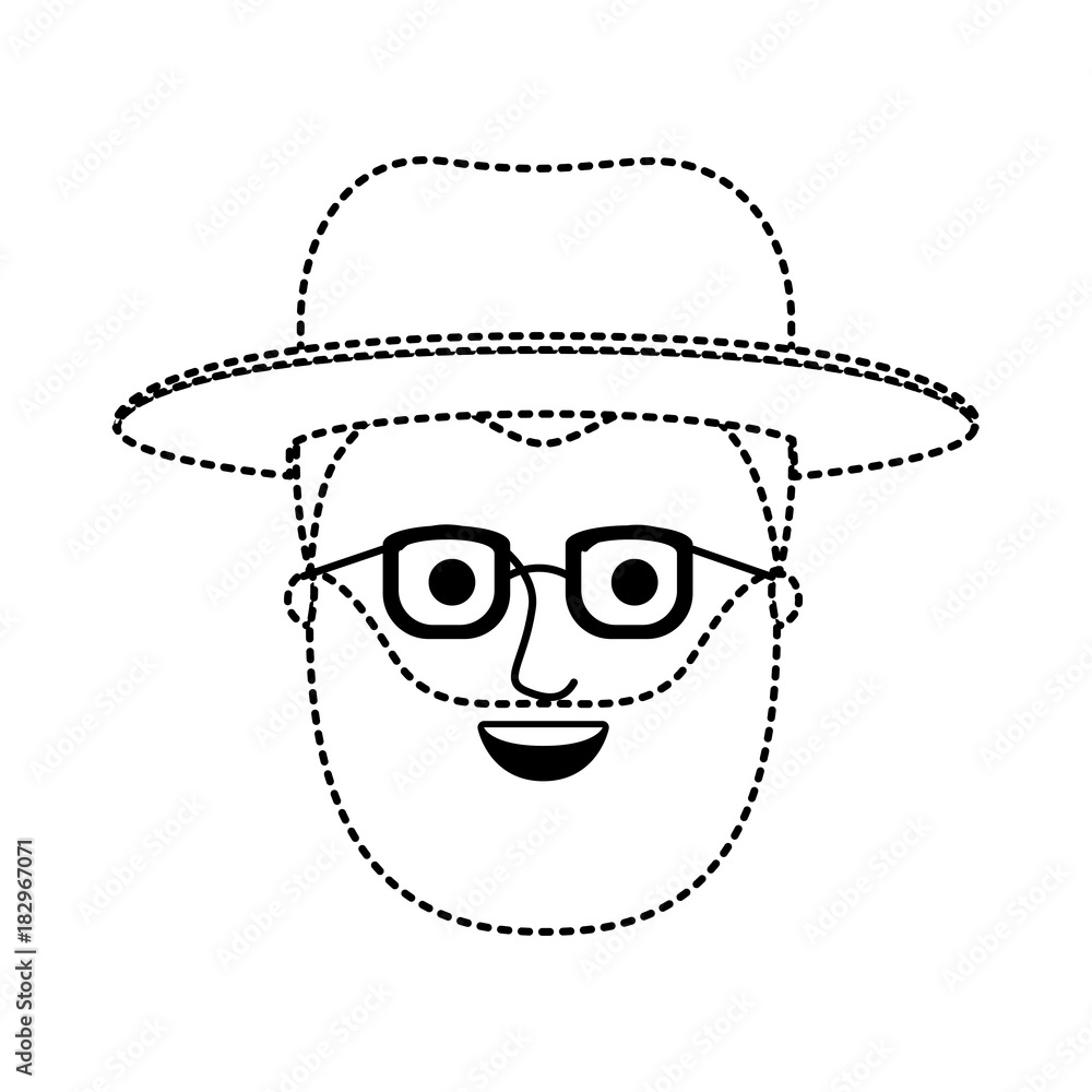 male face with hat and glasses and short hair and full beard in black dotted silhouette vector illustration