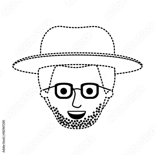 male face with hat and glasses and short hair and stubble beard in black dotted silhouette vector illustration