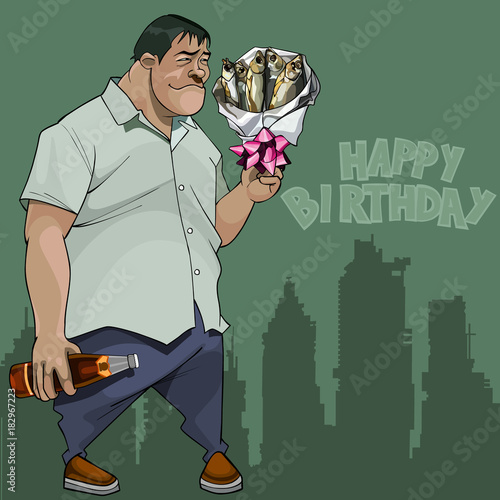 cartoon man with a bouquet of fish happy birthday