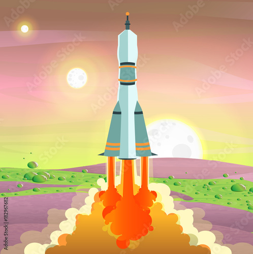 A space launch vehicle takes off from the surface of the planet with lilac soil and green acid streams with bubbles. Space travel. Colonization of the planets. Vector landscape.