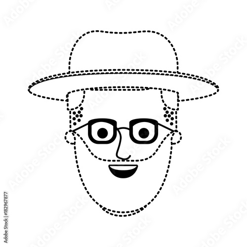 male face with hat and glasses and beard and side parted hairstyle in black dotted silhouette vector illustration