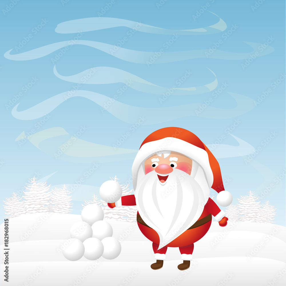 Christmas Santa Claus playing snowballs. Winter morning. Cute vector character.