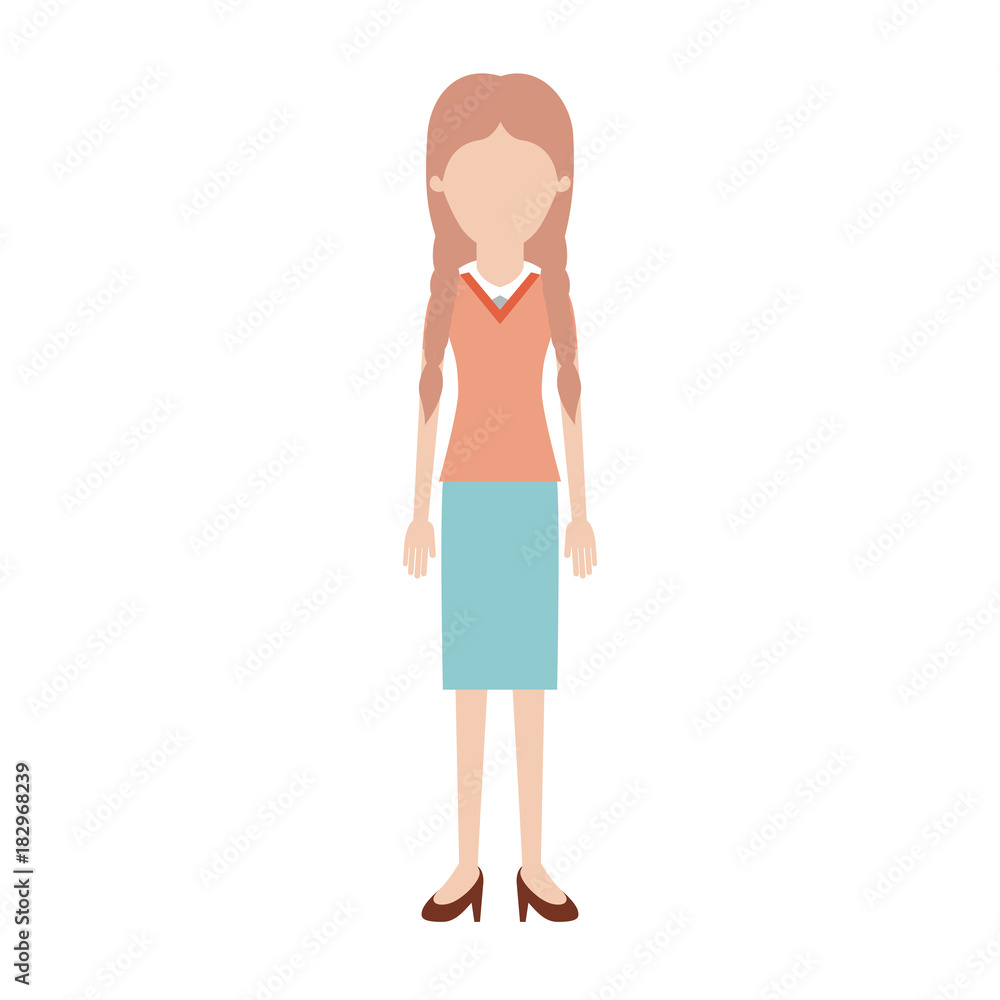 faceless woman full body with blouse and skirt and heel shoes with braided hair in colorful silhouette vector illustration faceless woman full body with blouse and skirt and heel shoes with braided hair in colorful silhouette vector illustration