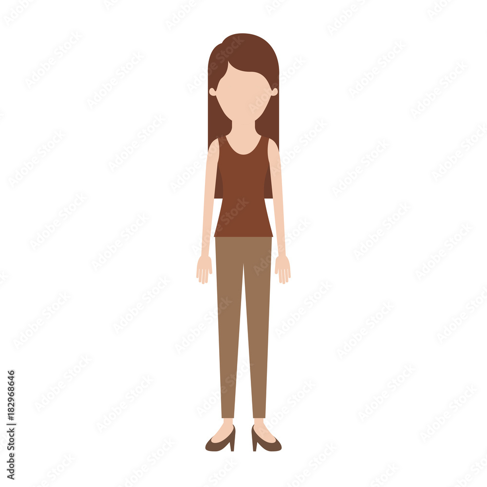 faceless woman full body with t-shirt sleeveless and pants and heel shoes with long straight hair in colorful silhouette vector illustration faceless woman full body with t-shirt sleeveless and pants and heel shoes with long straight hair in colorful silhouette vector illustration