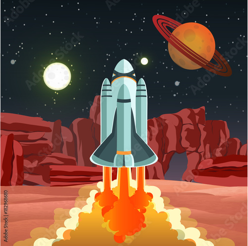 The space shuttle carrier takes off from a strange planet. Start in the background of a planet with rings. Jupiter, Saturn, Uranus, Neptune. Colonization. The conquest of the cosmos. Space travel