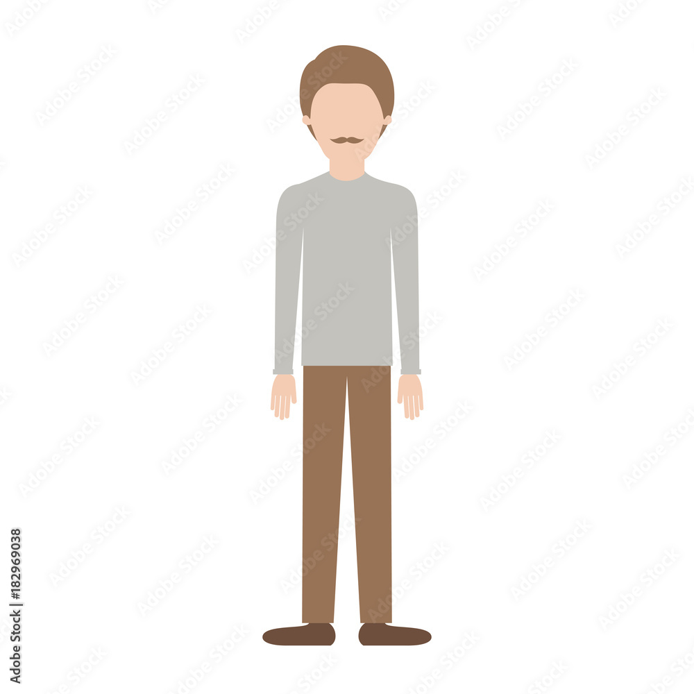 faceless man full body with shirt and pants and shoes with short hair and moustache in colorful silhouette vector illustration