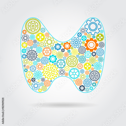 Abstract Vector Illustration Of Human Thyroid On Blue Background. Gears Art Logo of Endocrinology. Vector Logotype Illustration EPS. Creative Medical Concept