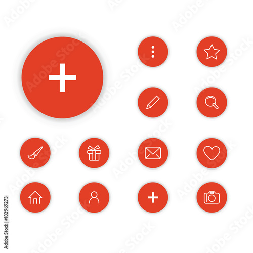 Plus icon in a set on a red circle.
A set of thin, linear and modern icons for navigation.
Floating action button for modern, mobile applications.