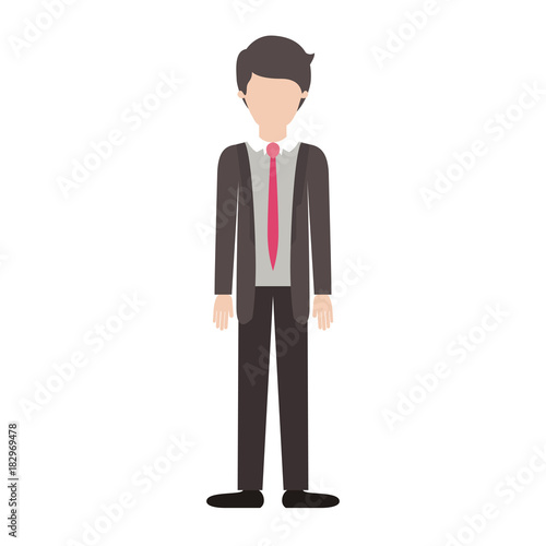 faceless man full body with suit and tie and pants and shoes with short hairstyle in colorful silhouette vector illustration