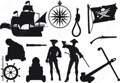 Set of silhouettes on a pirate theme black isolated on white background