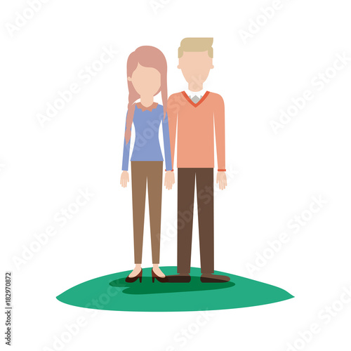 faceless couple colorful scene outdoor and her with blouse long sleeve and pants and heel shoes with braid and fringe hairstyle and him with sweater and pants and shoes with side parted hairstyle