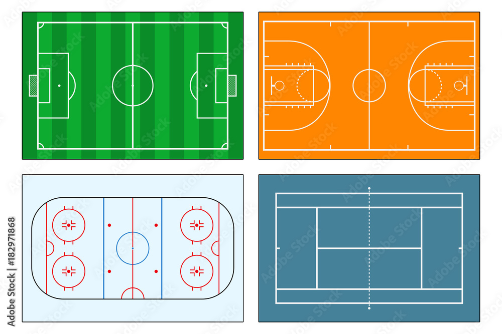 Set of sports playfields. Soccer (football) field, tennis and basketball courts, ice hockey