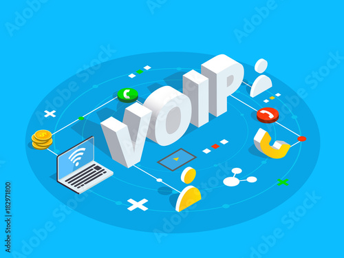 Voip isometric vector concept illustration. Voice over IP or internet protocol technology background. Network phone call software.