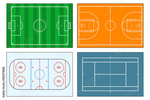 Set of sports play-fields. Soccer (football) field, tennis and basketball courts, ice hockey rink. Mockup background for sport strategy and tactics. Vector illustrator.