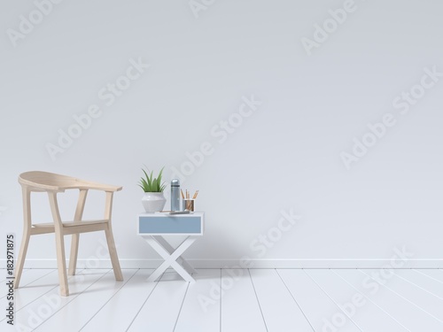Living Room Interior with chair  plants  cabinet  on empty white wall background minimal design  3D rendering