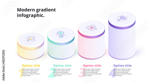 Business 4 step process chart infographics with 3d columns. Circle corporate graphic elements. Infograph presentation slide template. Modern vector process info graphic layout design.