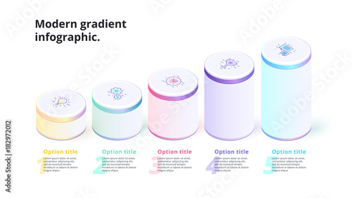 Business 5 step process chart infographics with 3d columns. Circle corporate graphic elements. Infograph presentation slide template. Modern vector process info graphic layout design.