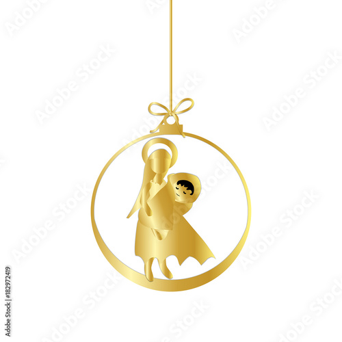 Flat Christmas Ball with Bow, Maria and  Baby Jesus Christ. Vector Gold Bauble with gold Mother Maria and Baby Jesus Figure decorative xmas ornament. Illustration isolated on white background. 