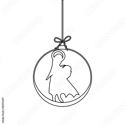 Flat Christmas Ball with Bow, Maria and  Baby Jesus Christ. Vector Outline  Bauble with Mother Maria and Baby Jesus Figure decorative xmas ornament. Illustration isolated on white background. 