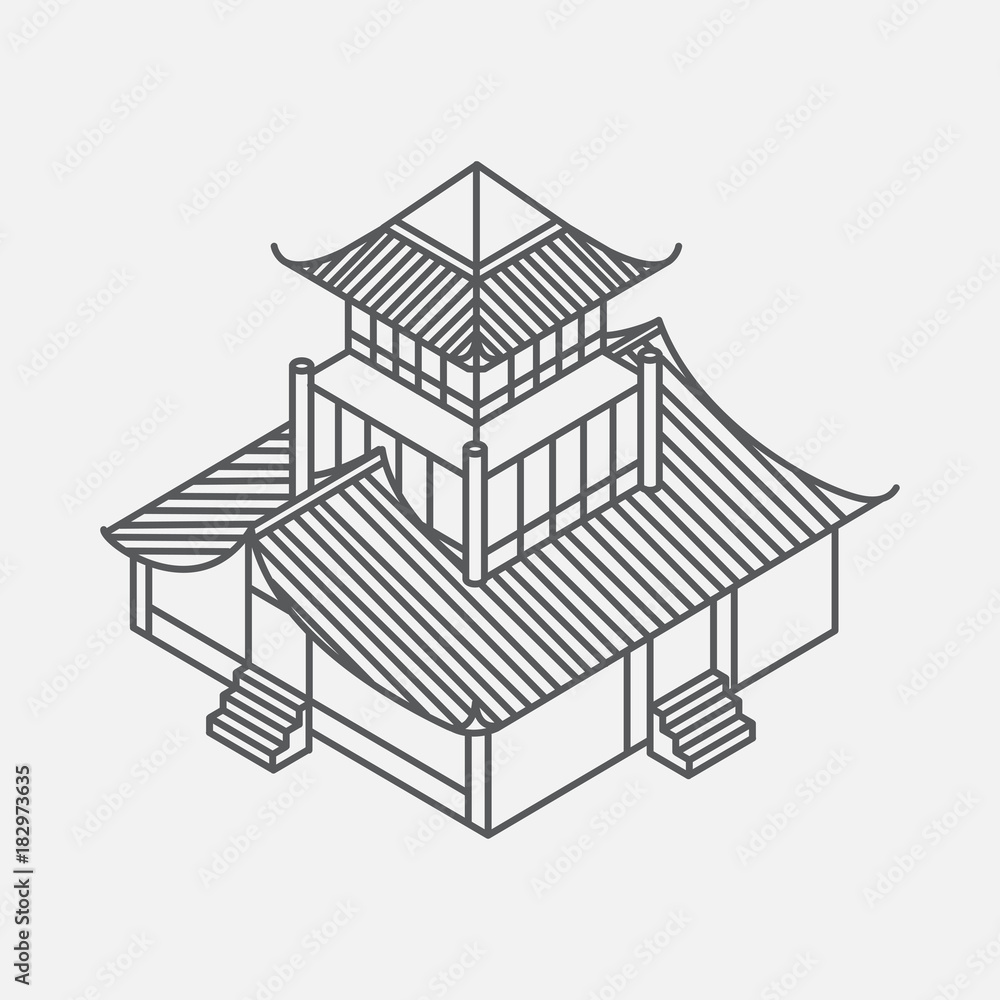 Architecture element in Oriental style. Outline Isometric Pagoda house. Chinese and japanese landmark Architecture element in Oriental style. Outline Isometric Pagoda house. Chinese and japanese landmark