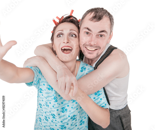Wallpaper Mural Funny retro couple taking photo of themselves selfie isolated Torontodigital.ca